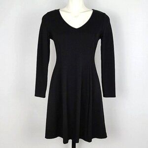 SEARS Women's Black Fit  Flare V Neck Long Sleeves Midi Dress Stretch Size S